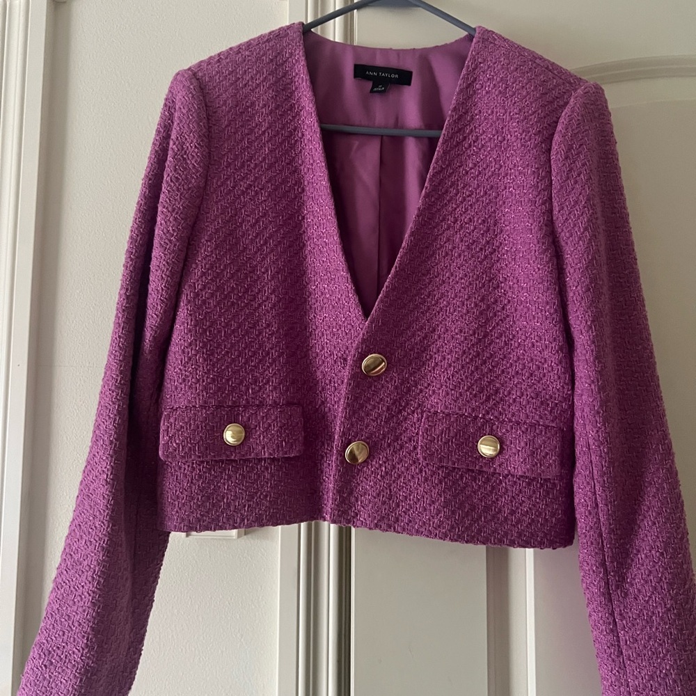 Ann Taylor Textured Purple Blazer with Gold Buttons